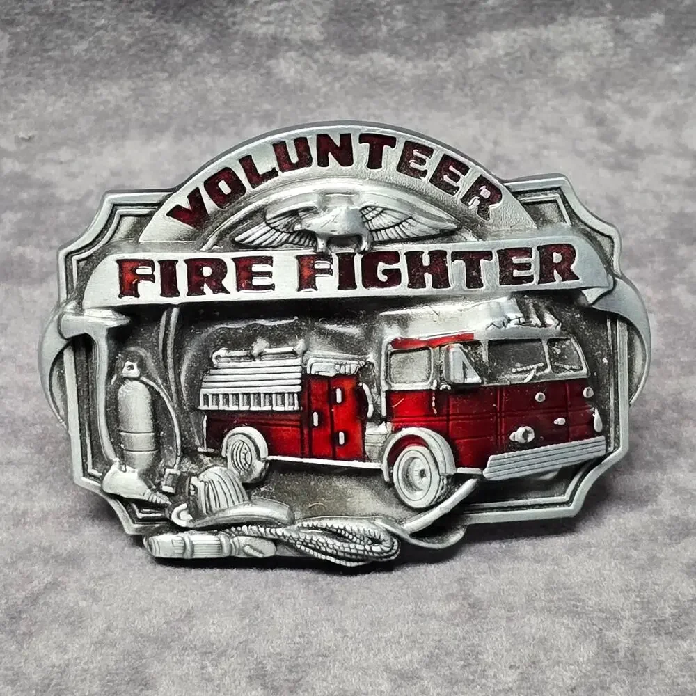 Vintage Silver & Red Volunteer Fire Fighter Engine Pewter High End Belt Buckle